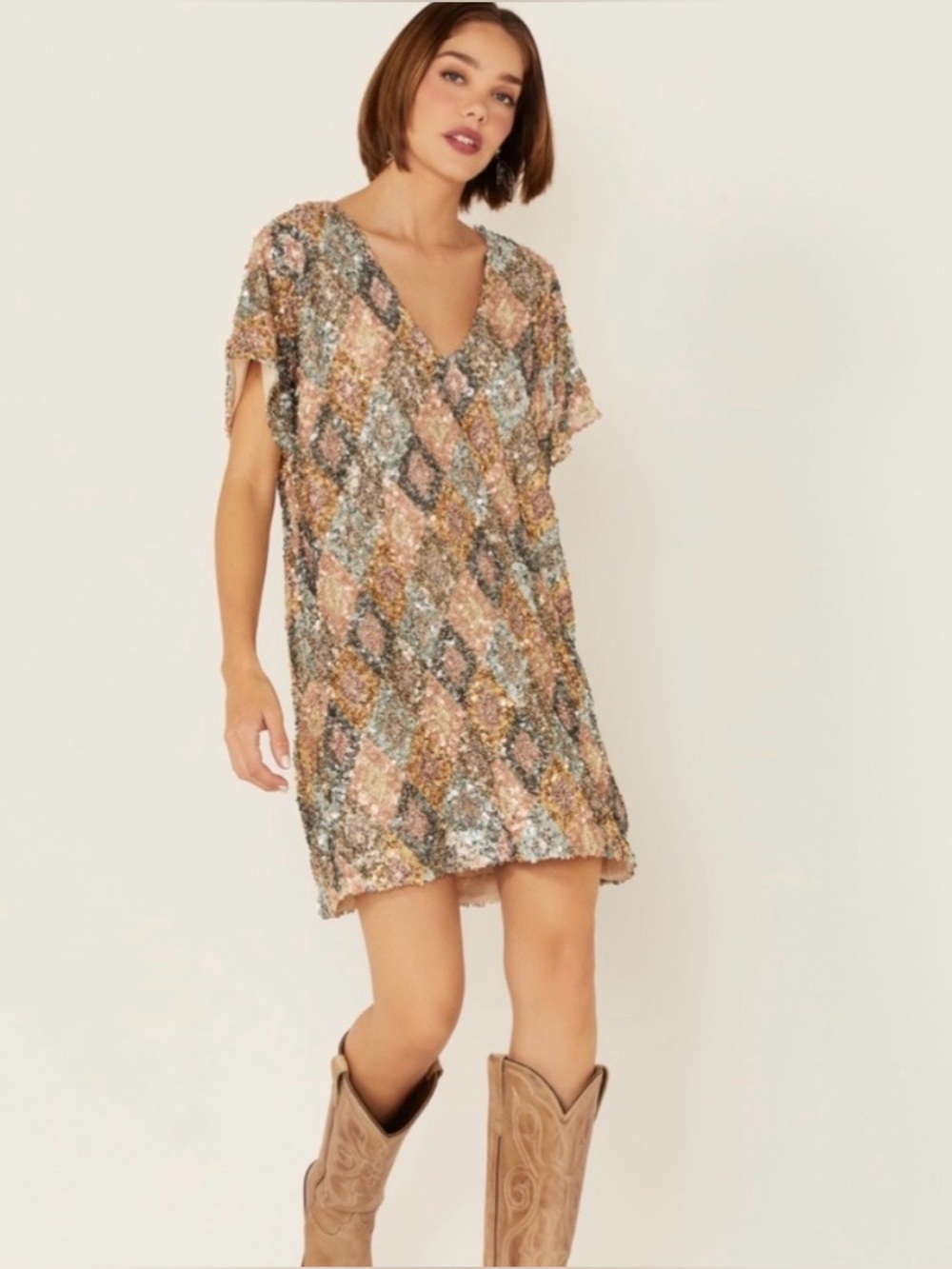 By Together Champagne Sequin V-Neck Short Sleeve Shift Mini Tunic Dress - Picture 3 of 11